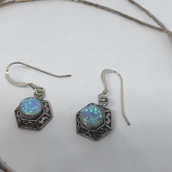 Silver set: earrings and necklace with blue Opal - Picture 3 of 9